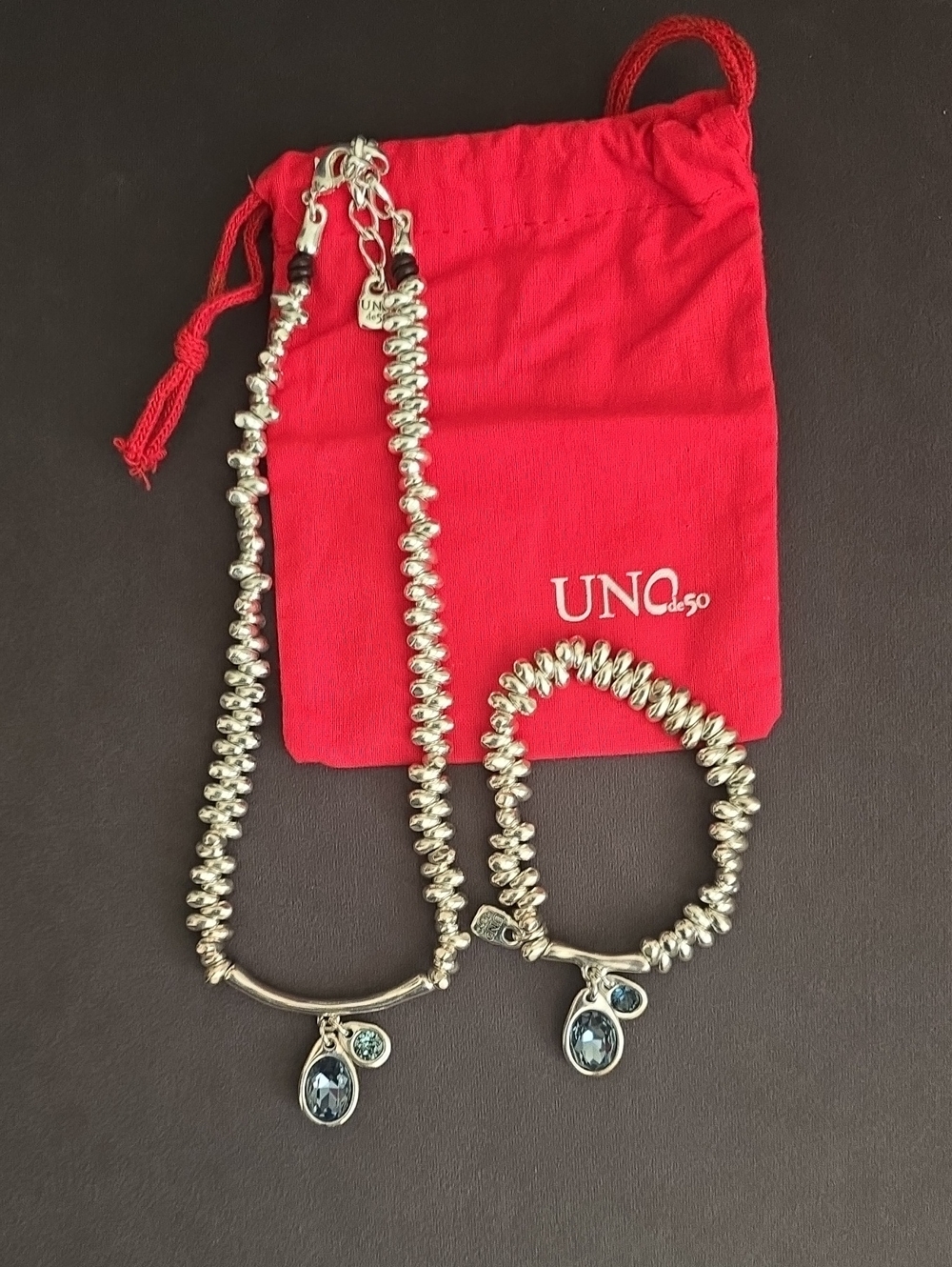 UNO de 50 Silver Beaded Necklace and Bracelet Set with Blue Crystal Drops